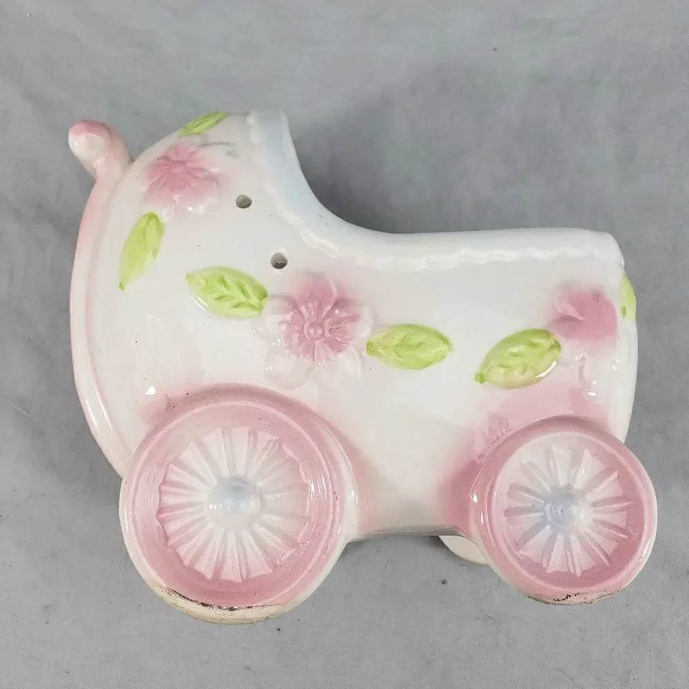 Vintage Japan Baby Buggy nursery Planter With flowers foliage & Ribbon Holes